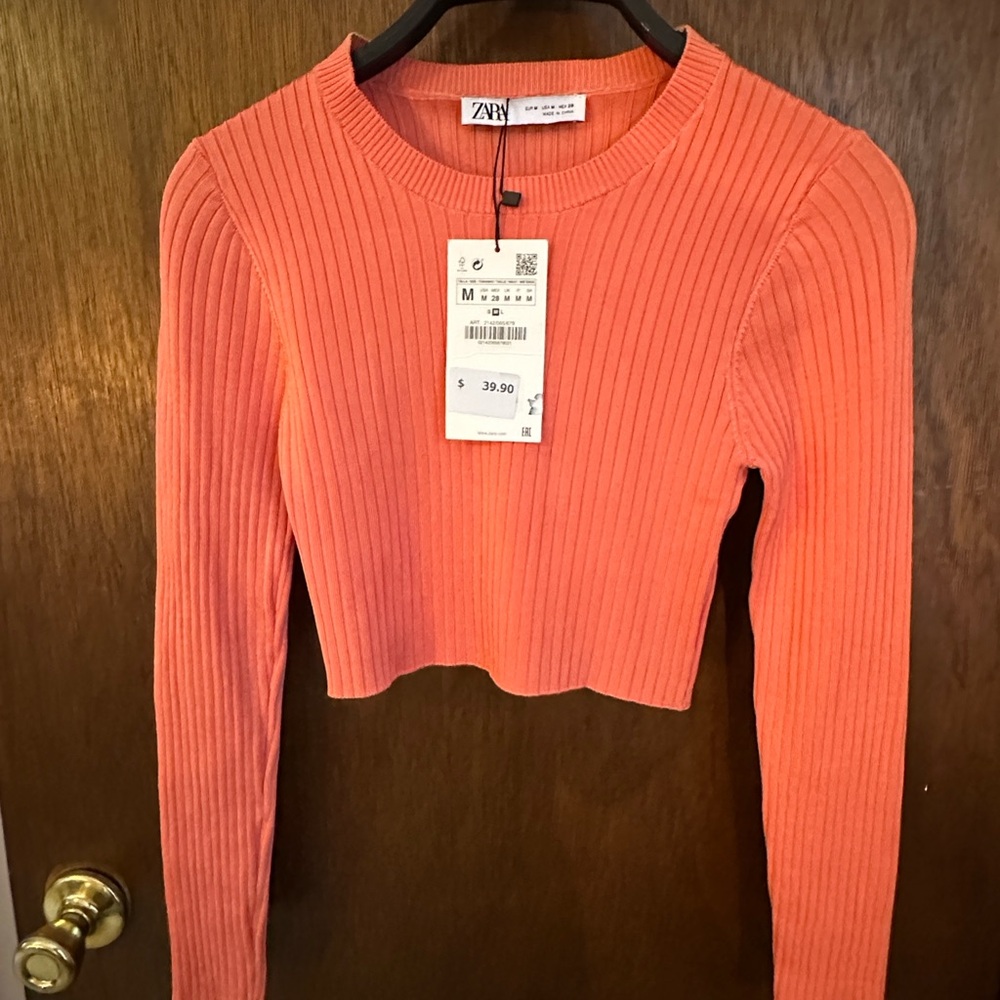 Zara Peach Ribbed Long Sleeve Crop Top